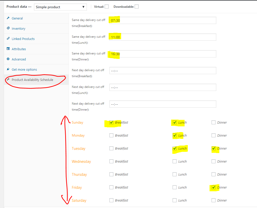 Delivery date and delivery time per product - availability schedule settings