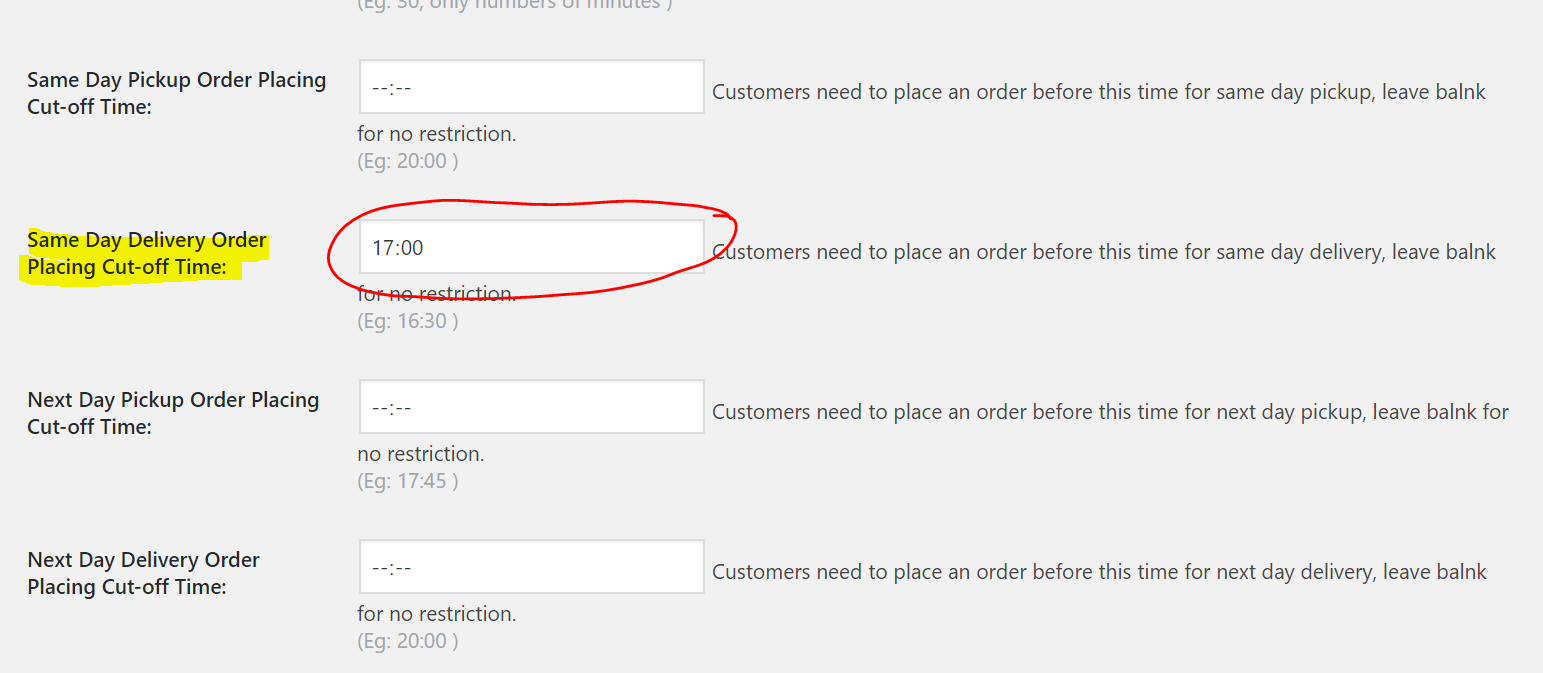 Put desired time in settings field labeled as Same Day Delivery Order Placing Cut-off Time: