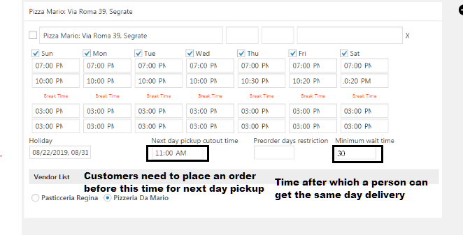  Minimum wait time and Next Day Pickup Order Placing Cutout Time