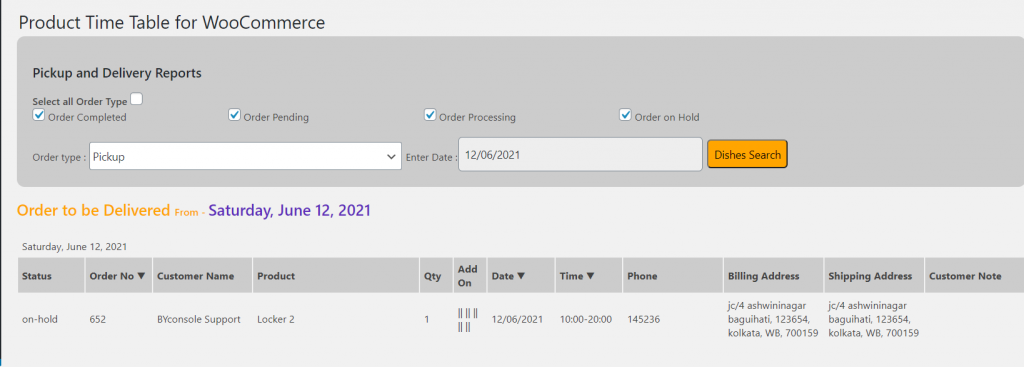 Product wise Time Table report