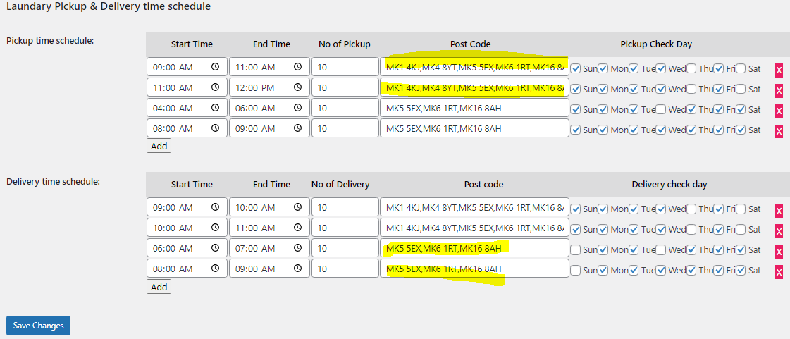 Navigate to Van Management Settings, create time slots and assign to to certain zip codes.